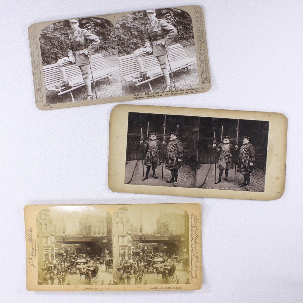 Antique stereo cards set of 3 English photos, Prince of Wales, Beefeaters,
